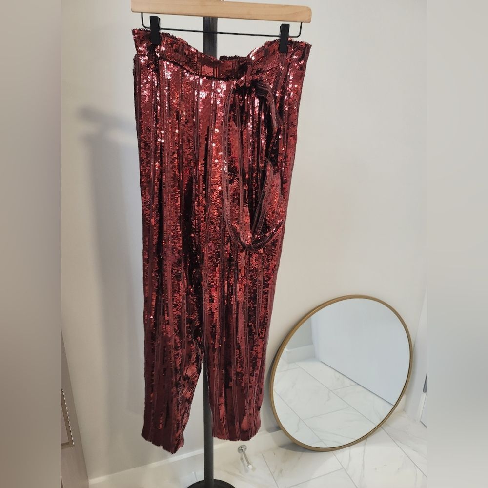 Sally LaPointe Burgundy Sequin Paperbag Waist Pants